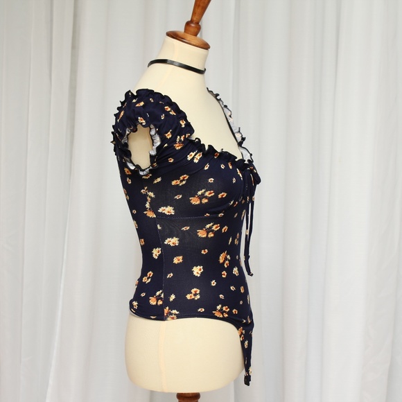 Navy Floral Print Super Soft Puff Sleeve - Picture 3 of 7